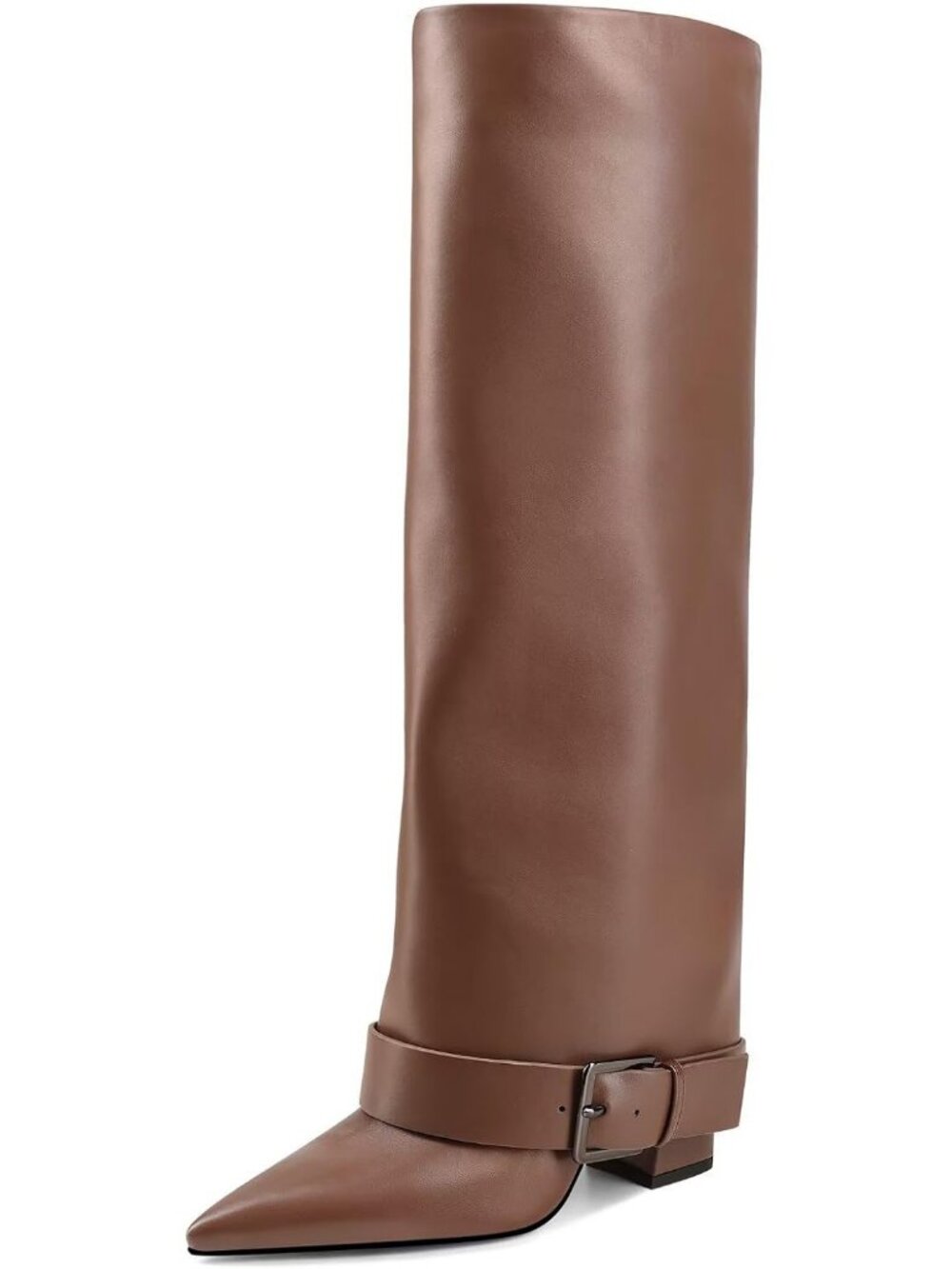 Women's Brown Fold Over Chunky High Heel Wide Calf Pointed Toe Belt Buckle Boots